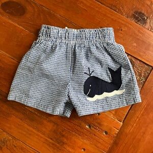 Funtasia Too boys navy seersucker swimsuit/trunks whale appliqué Sz 12-18 mos